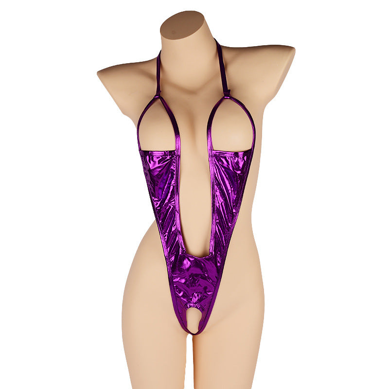 Open crotch milk patent leather onesie
