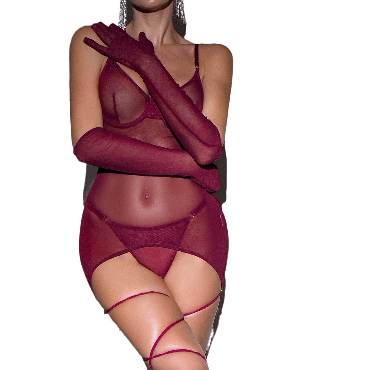 Mesh sexy backless perspective strap with gloves underwear three-piece set