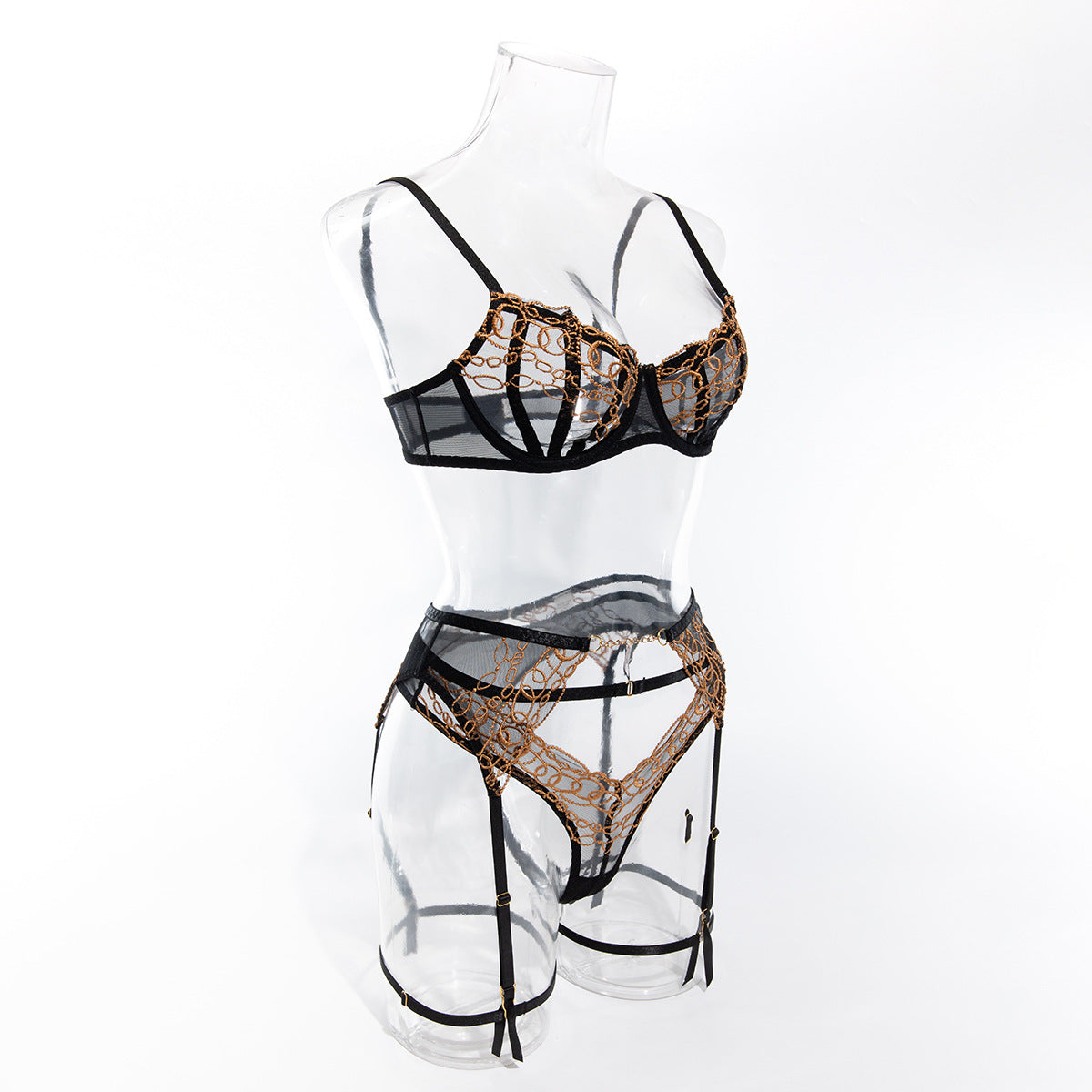 Lace transparent gold silk embroidered steel ring garter belt set