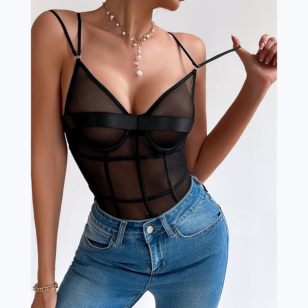 Mesh perspective deep V gathering double suspenders solid color onesie set