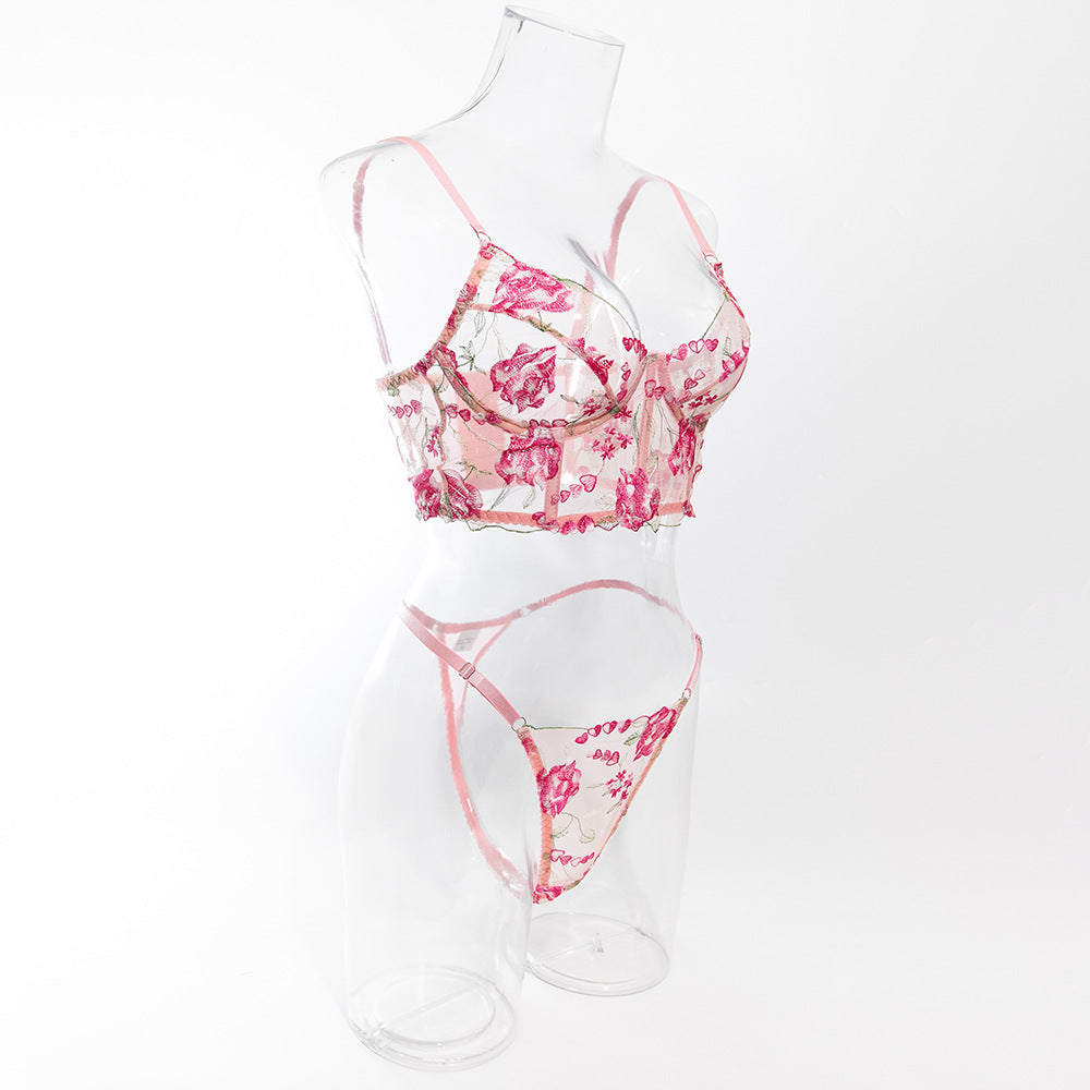 Mesh transparent pink flower embroidery set