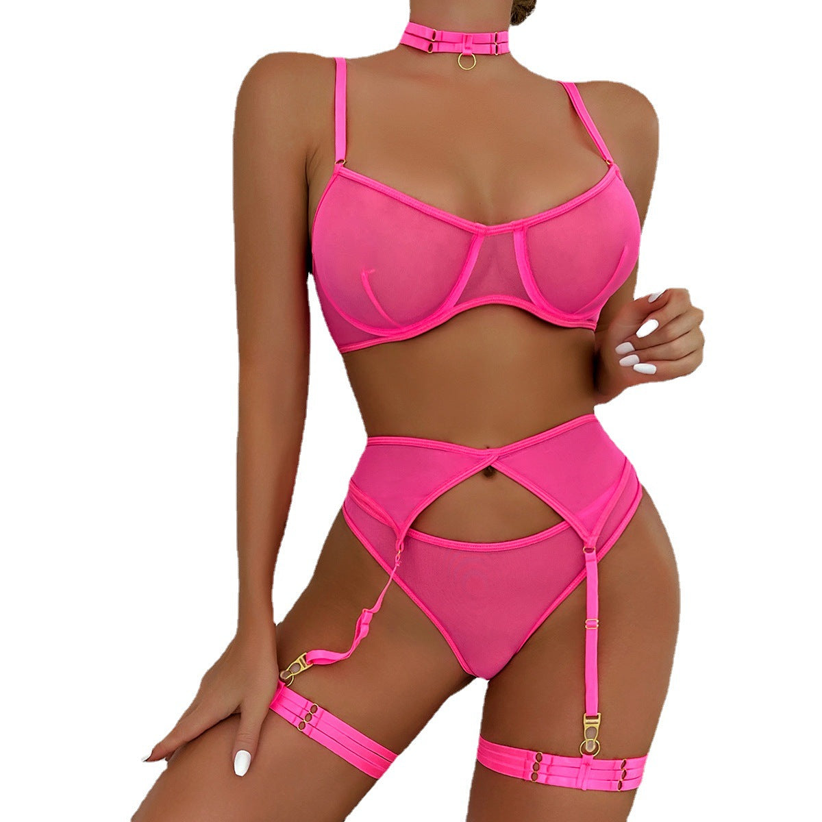 Sexy mesh yarn comfortable slimming gathering with steel ring sexy underwear four-piece set