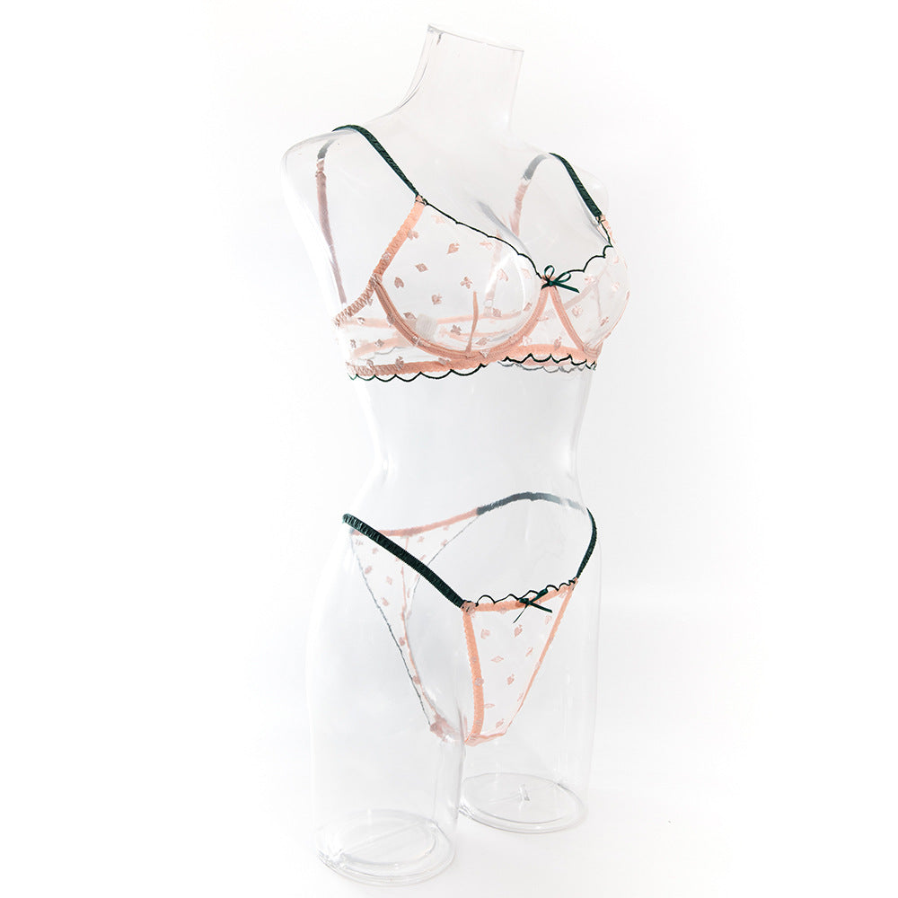 Card Pattern Embroidered Transparent Lace Underwear Set