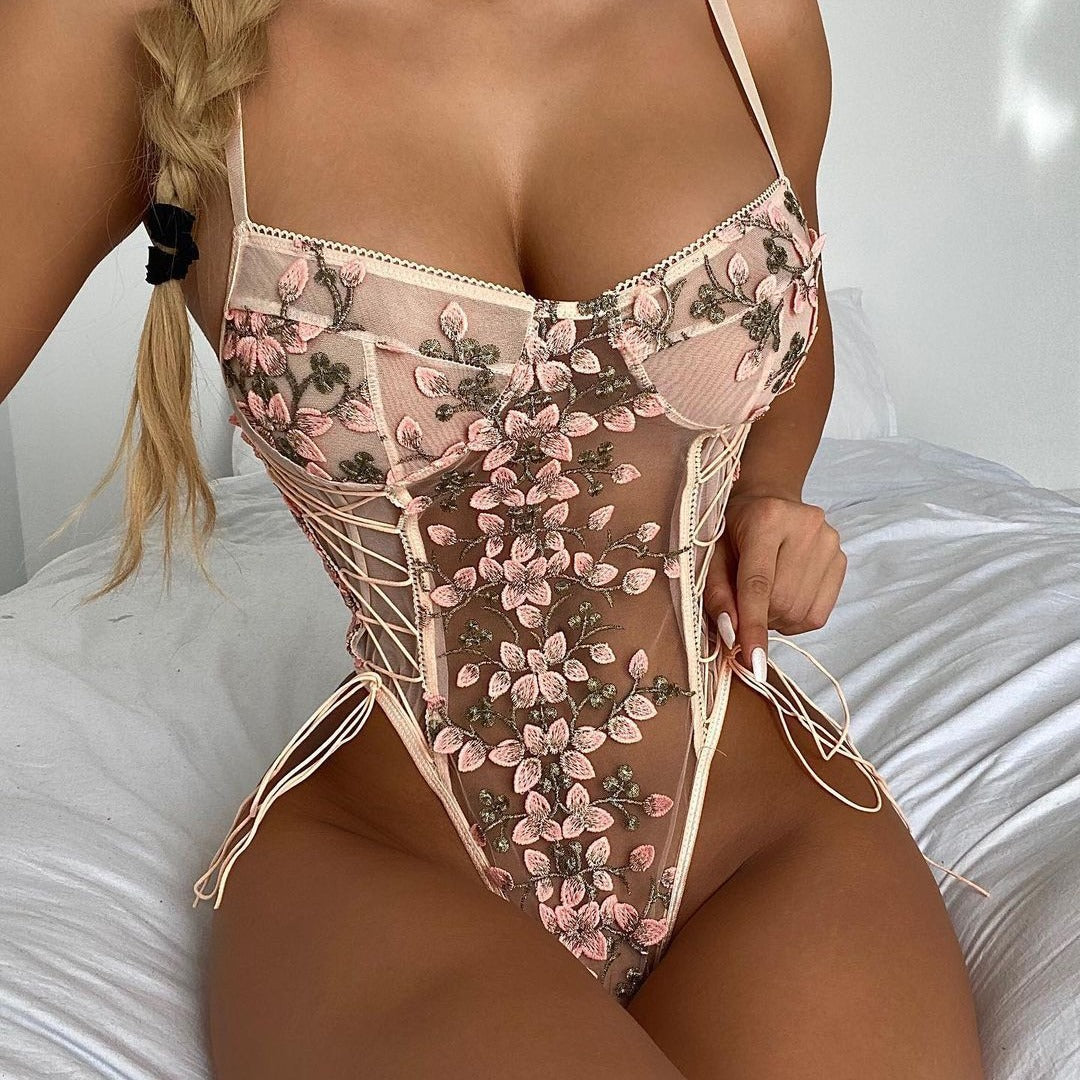 Sexy underwear lace flower embroidery perspective seduction onesie