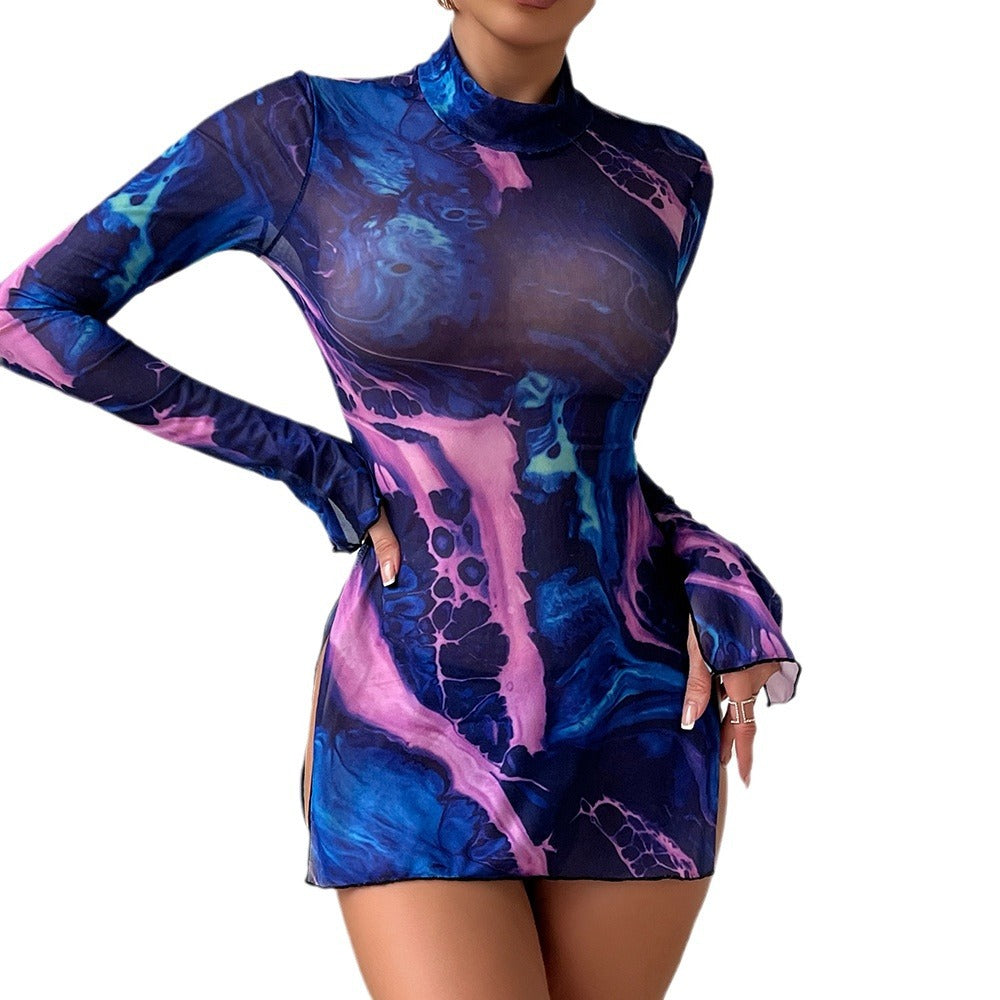 High neck ultra-thin mesh tie-dye perspective side high split dress sexy underwear set