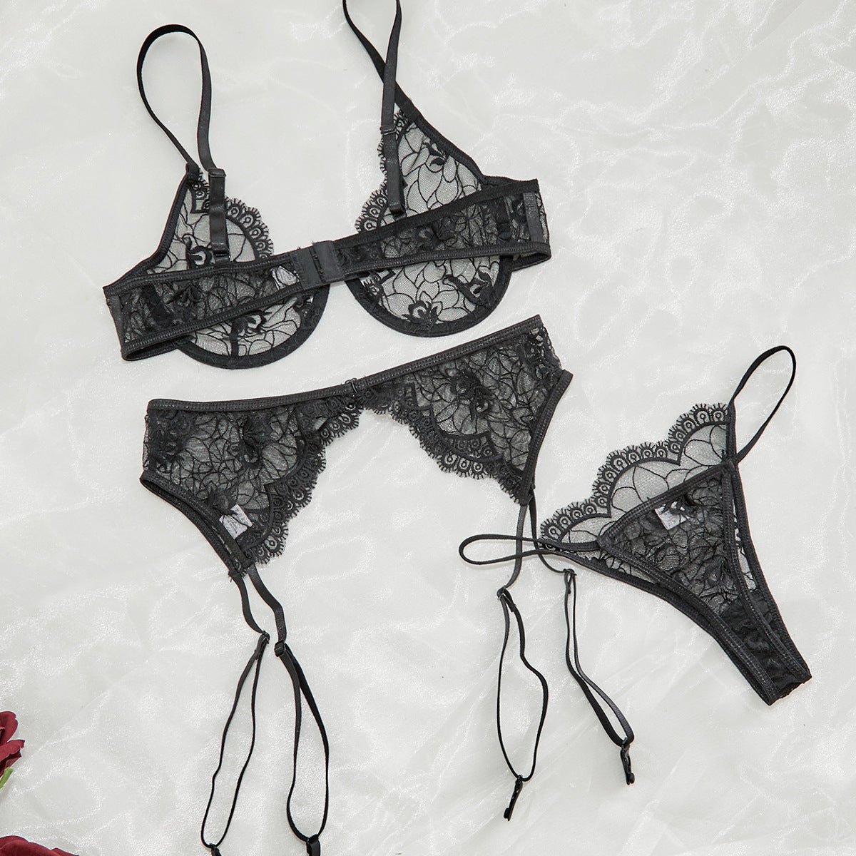 Lace Flower Suspender Sexy Three-piece Set