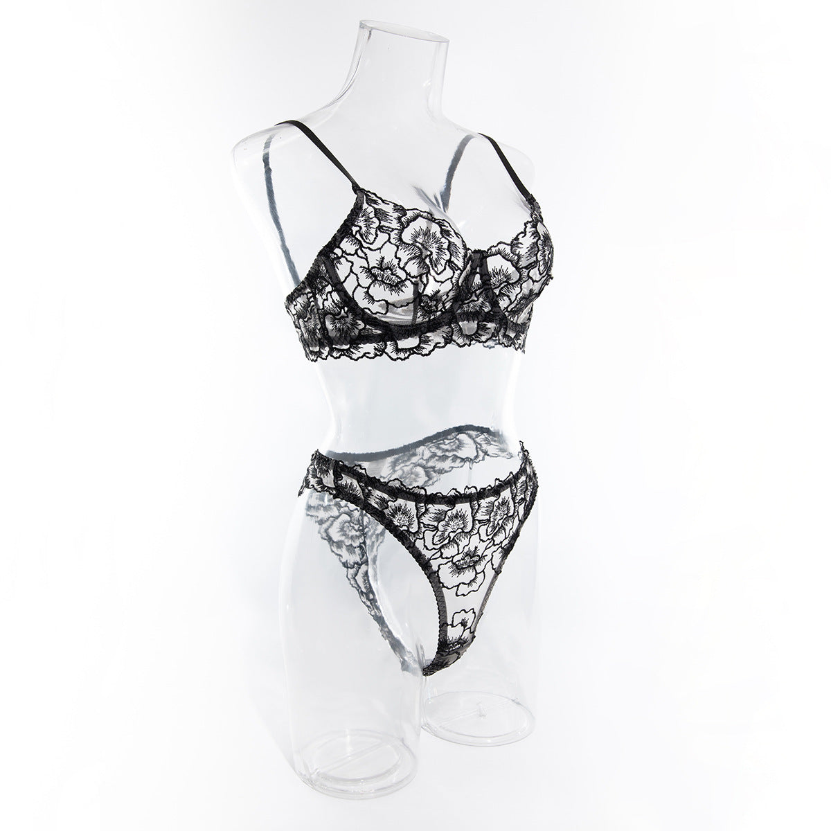 Black embroidered lace thin transparent set