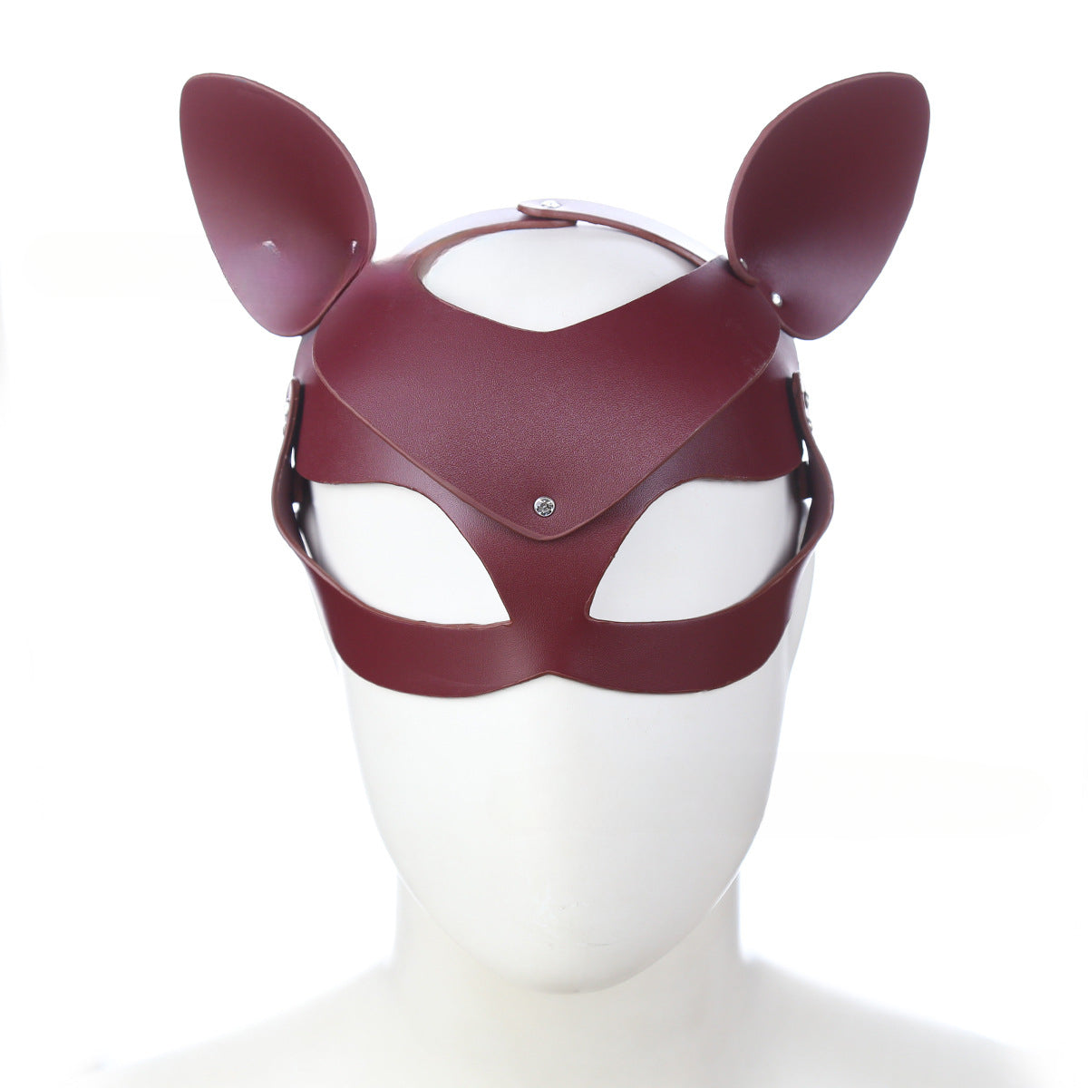 Adult Sex Toys Burgundy Leather Fox Hood Eye Mask with Ears Role-playing Mask