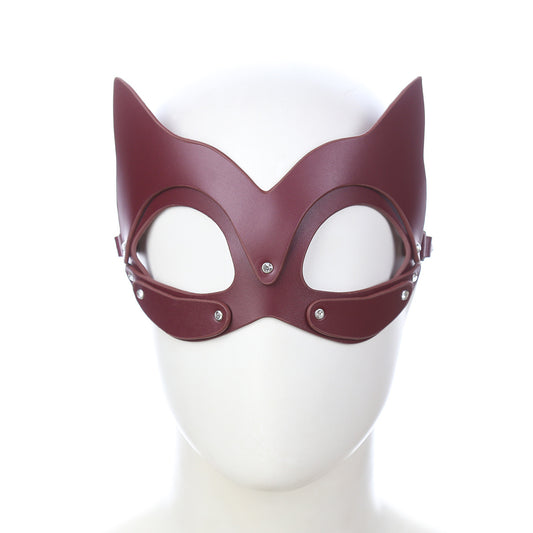 Adult Sex Toys Burgundy Leather Fox Hood Eye Mask with Ears Role-playing Mask