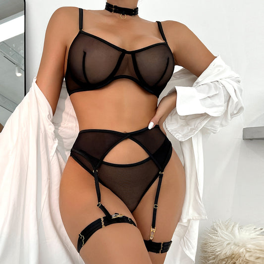 Sexy mesh yarn comfortable slimming gathering with steel ring sexy underwear four-piece set