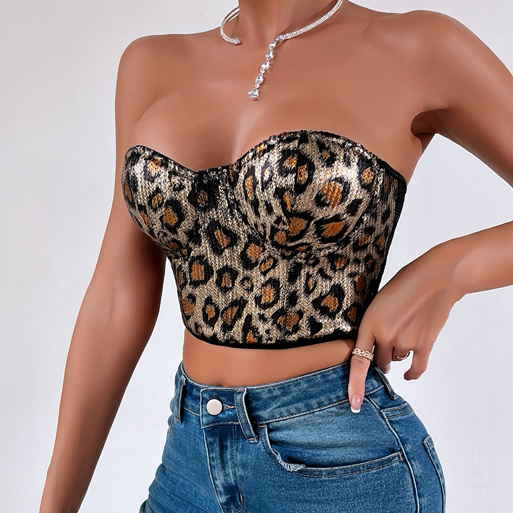 Wild leopard print beads sexy women tube tops gather and shape can be worn outside Spice girl tops