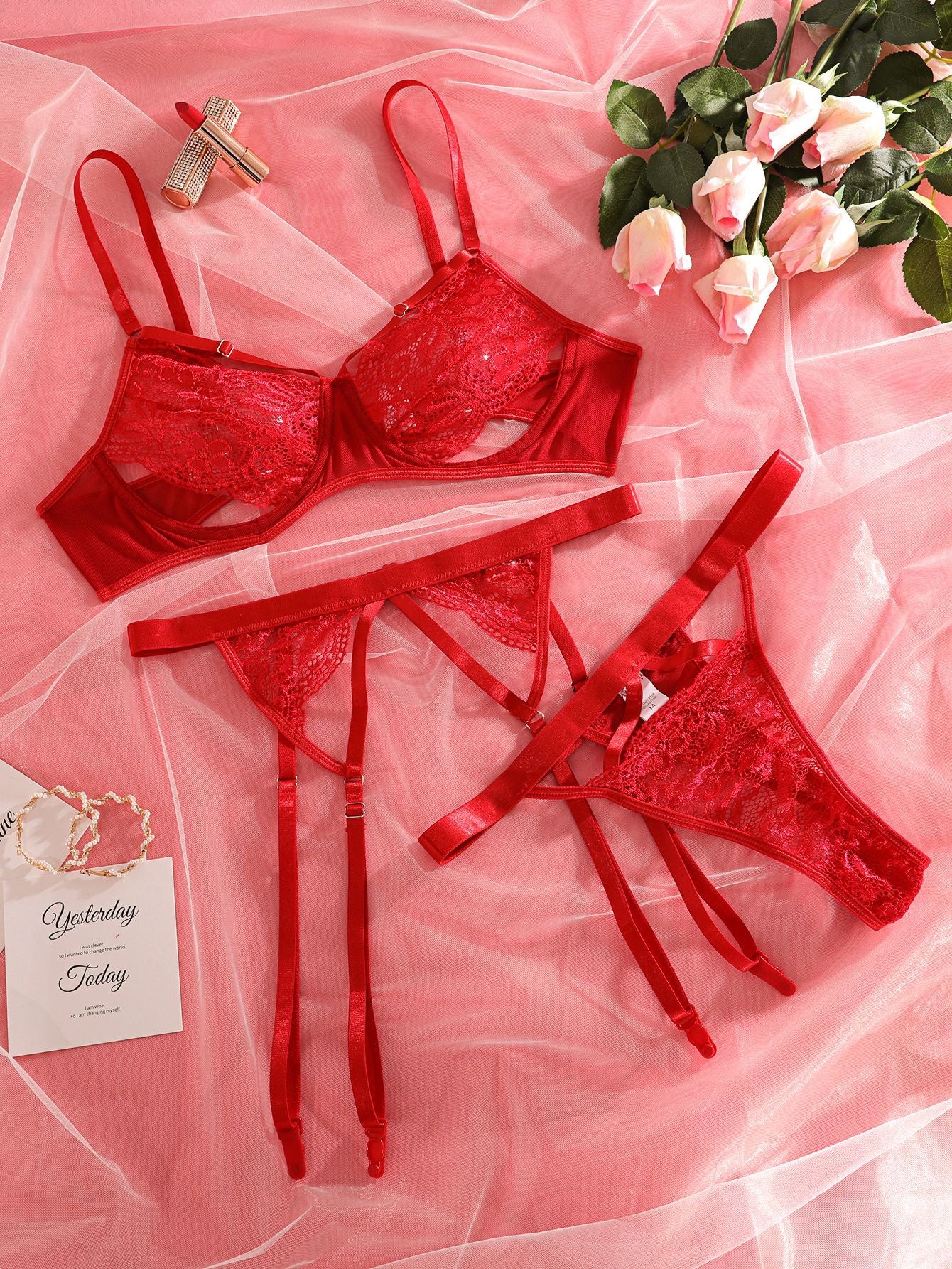 Red Lace Splicing Underwear Three-piece Set