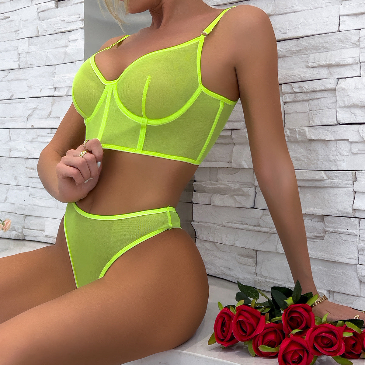 Fishbone contrasting mesh sexy perspective gathering underwear set