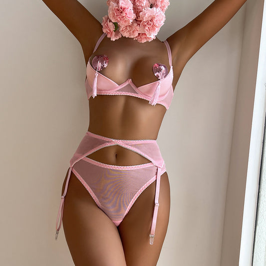 Sexy perspective with milk sticker peach hip three-piece set