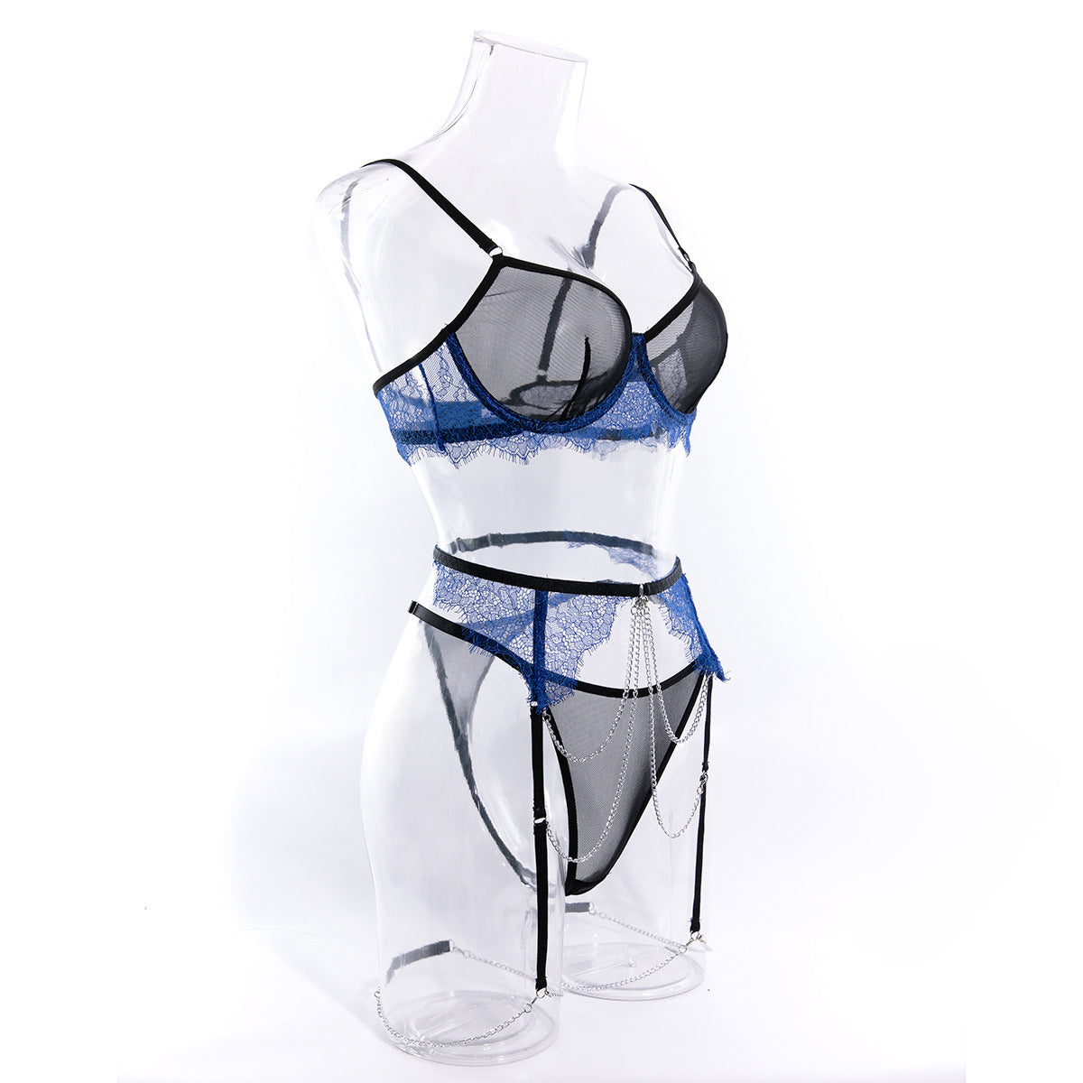 Lace mesh splicing contrasting color perspective belt chain three-piece set