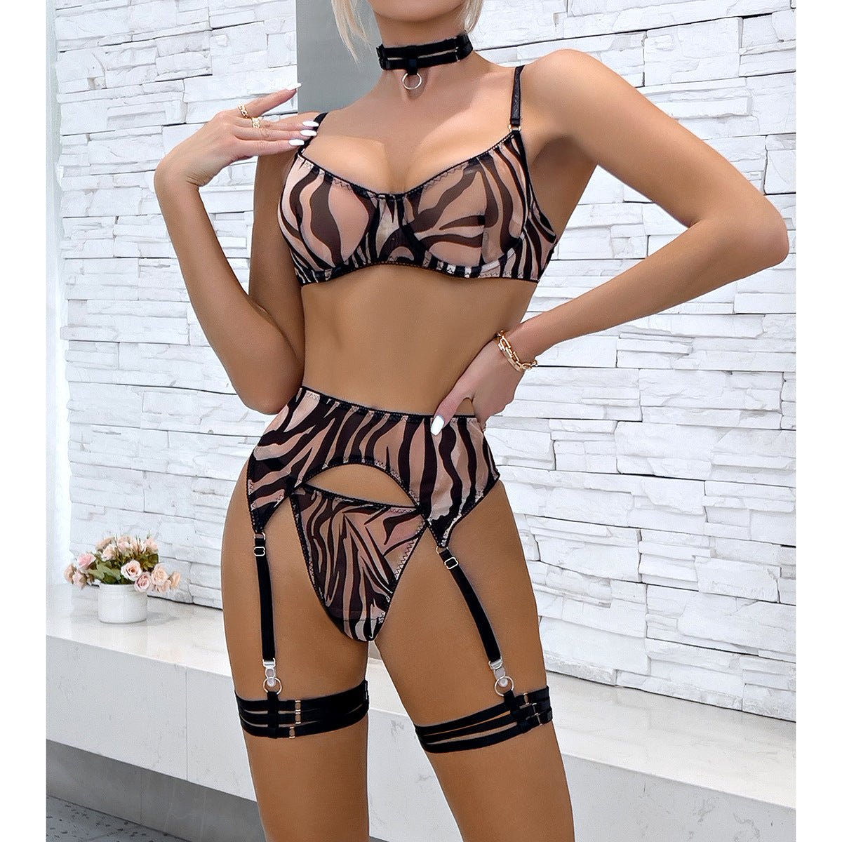 Mesh perspective sexy zebra pattern wild comfortable underwear four-piece set