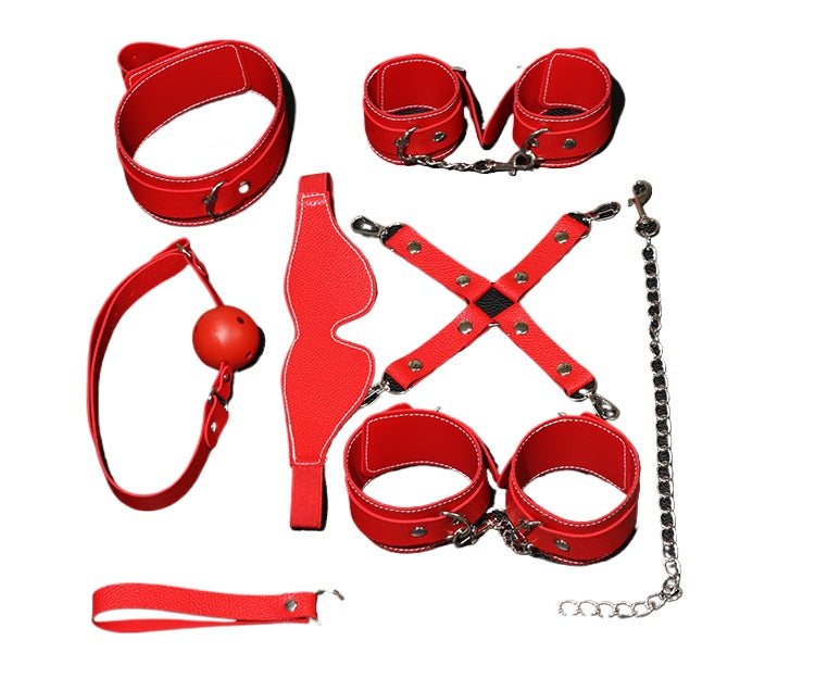 SM Single-sided Leather Seven-piece Set, Bed Straps, Bundled Bondage Props, Adult Sex Toys